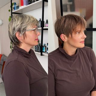 Další krásná práce naší kadeřnice Ellen, která se nebojí ani jemných vlasů a krátkých střihů. Tady krásně opticky zpevnila...
